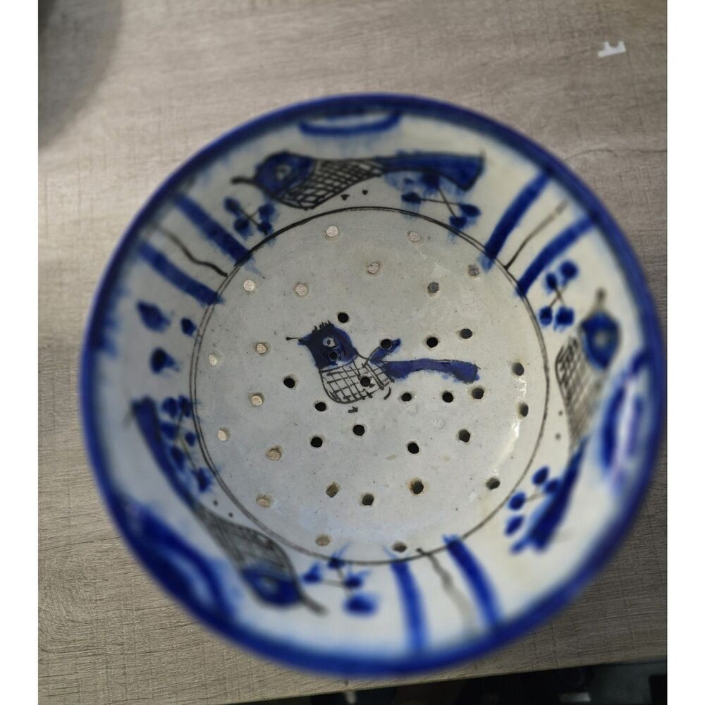 Vintage Mexican Folk Art Stoneware Pottery Strainer